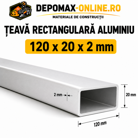 Teava rectangulara aluminiu 120 x 20 x 2 mm, 6 metri (EN AW-6060)